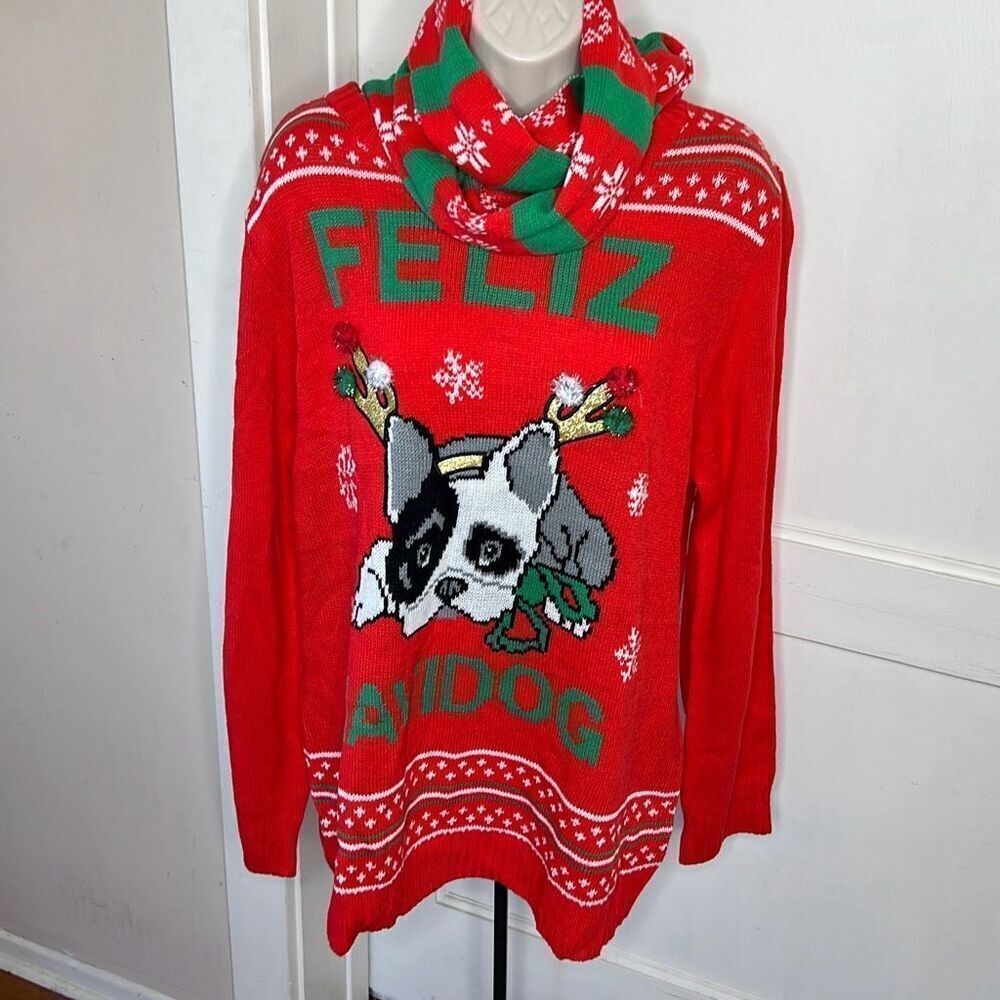 Self Esteem Ugly Cristmas "Feliz Navidog" Sweater Frenchie Bull Dog  & Scarf Plu